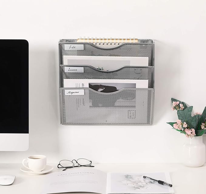 EasyPAG Hanging Wall File Organizer, 3 Pocket Wall Mounted Mail Organizer, Vertical Document Folder Holder with Nametag Label, Space Saving Paper Storage Magazine Rack for Office Home School, Silver