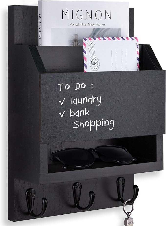 Lucundm Key and Mail Holder for Wall, Key Holder with Chalkboard and Long Storage Box, Key Hanger with 3 Sturdy Hooks for Coat, Dog Leash, Entryway Mail Organizer (Black)