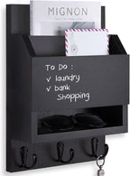 Lucundm Key and Mail Holder for Wall, Key Holder with Chalkboard and Long Storage Box, Key Hanger with 3 Sturdy Hooks for Coat, Dog Leash, Entryway Mail Organizer (Black)