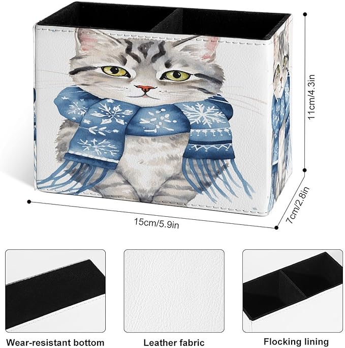 Famame Winter Scarf Cat Pencil Holder for Desk, Leather Desktop Container Pen Cup Storage Study Table Pen Organizer Makeup Brush Holder for Classroom Office Home