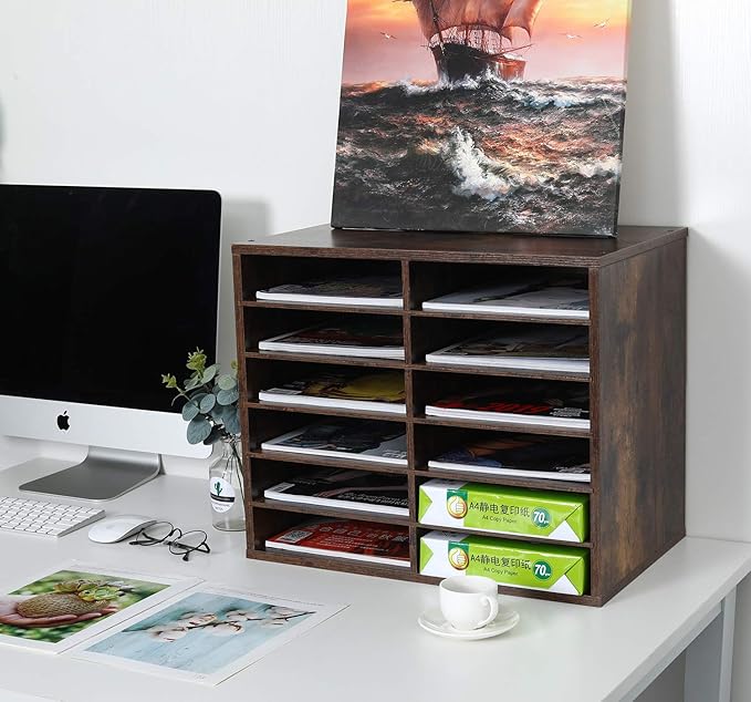 EasyPAG Wooden Literature Organizer with Adjustable Shelves, 12 Compartments Office Paper Organizer Storage 6000 Sheets Letter Size Paper, Student Mailbox for Classroom, Archaize