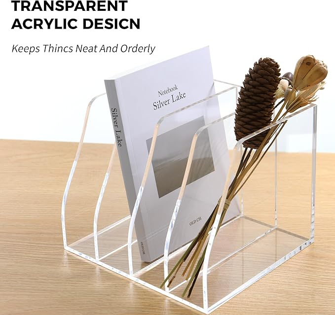 AIMOLLY Acrylic Magazine File Holder, 4 Vertical Compartments Desk Document Sorter Organizer, Clear Folder Rack Binder for Office/Home/Classroom, for Documents, Tablet, Magazines, Books & Accessories