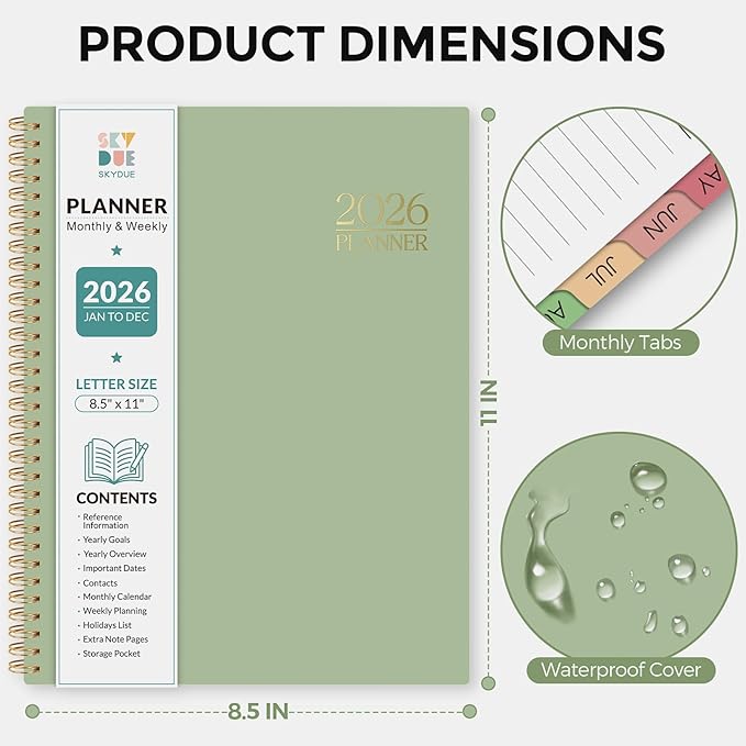 2026 Planner, Weekly and Monthly Planner, January 2026 - December 2026, 8.5" x 11" Agenda Planner with Monthly Tabs, Goal Setting & Time Management Organizer for Women & Men