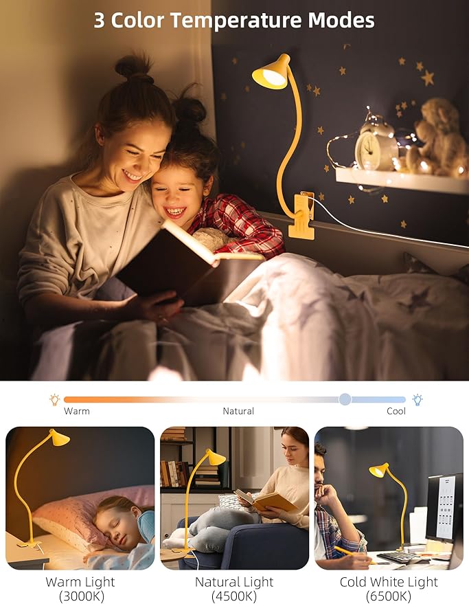 LiFMIRA Desk Lamp Clip on Lamp for Bed Headboard LED Reading Light for Bed, 3 Colors 10 Dimmable Brightness, Book Light for Reading in Bed Flexible Neck Clip on Light Clamp Lamp for Bed Desk(Yellow)