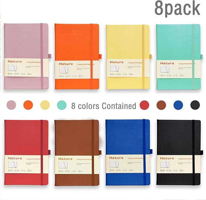 Heture 8 Pack Lined Journal Notebooks, A5 Hardcover Notebooks, 5.5 x 8.3 inch, 100GSM,160 Pages, Classic College Ruled Notebooks for Writing/Work/Travel/College (Assorted Color)