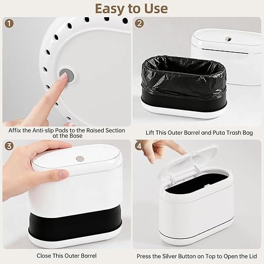 PAVSTINE Mini Trash Can for Desk with 5 Rolls of Trash Bags, Small Press-Top Countertop Garbage Bin, Removable Waste Basket for Bedroom, Vanity, Coffee Table, Kitchen (White Full-Lid)