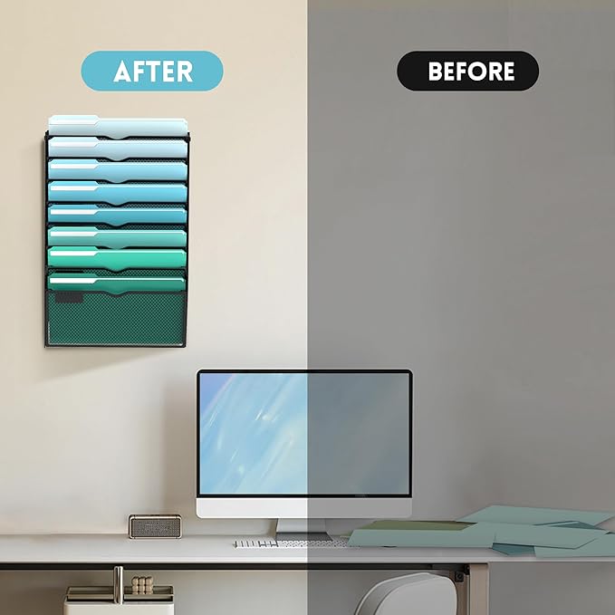SUPEASY 8-Tier Wall File Organizer, Hanging Wall Files for Papers, Folders, Magazines, Wall Organizer for Clipboard, Assembly Needed, Black, 2 Pack