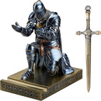 Amoysanli Medieval Armored Warrior Wearing Outerwear, Mobile Phone Stand Knight Pen Holder Desk Organizers, Resin Bookends Paperweight with a Letter Opener for Desk (Blue)
