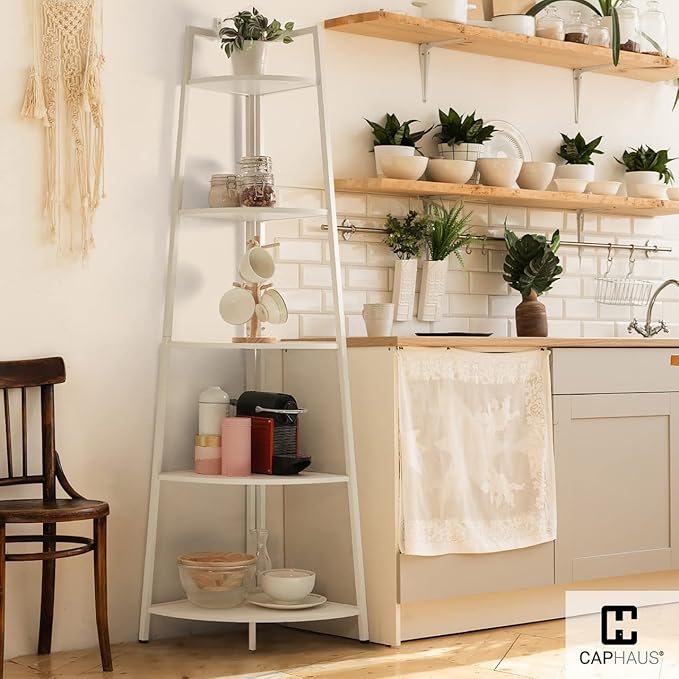 CAPHAUS Tall Corner Shelf Stand, 4-Tier Display Shelves, Ladder Corner Wood Storage Plant Bookshelf with Metal Frame, Versatile Shelving Unit Bookcase for Home Office Space, White