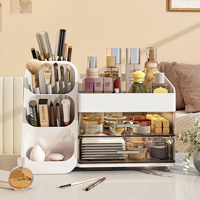 KQJS Makeup Organizer with Drawers,Large Capacity Countertop Organizer for Vanity,Bathroom and Bedroom Desk Cosmetics Organizer,Easy To Storage Skincare,Brushes, Eyeshadow, Lotions, Lipstick (White)