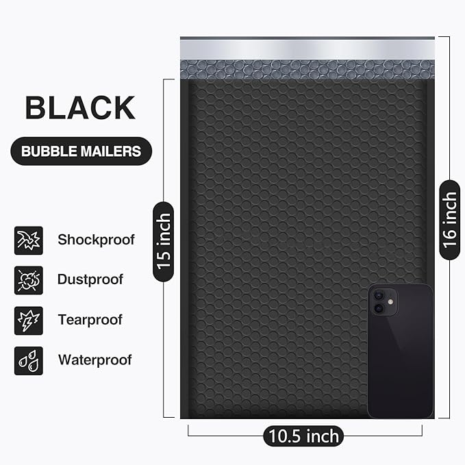 UCGOU Bubble Mailers 10.5x16 Inch Black 25 Pack Poly Padded Envelopes Large #5 Mailing Packages Opaque Packaging Postal Self Seal Adhesive Waterproof Boutique Shipping Bags for Clothes