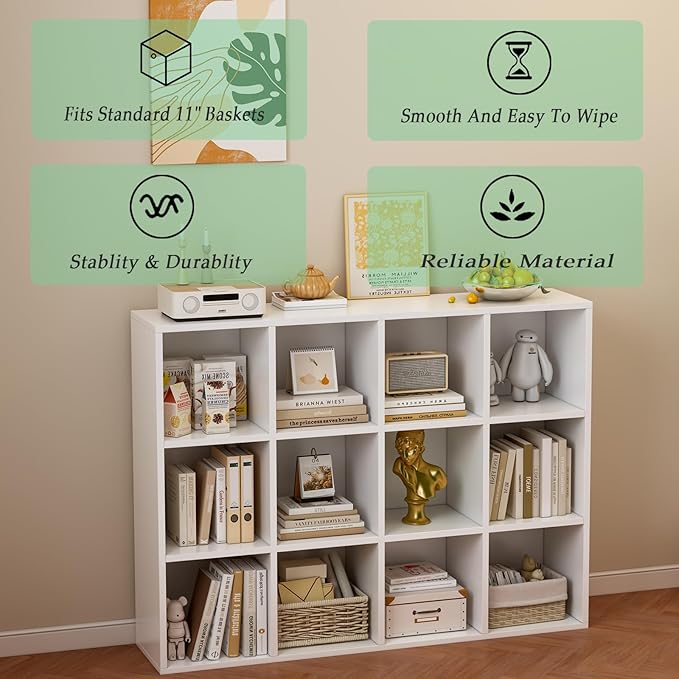 OSCHF 12-Cube Storage Shelf Bookcase - Wooden 3-Tier Floor Standing Open Bookshelf for Home and Office, Display Cabinet, Warm White
