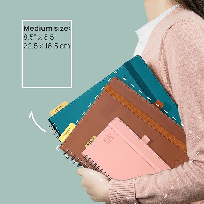 POPRUN Planner 2025-2026 (Medium - 6.5'' x 8.5'') Academic Weekly Calendar (July 2025 - June 2026) with Hourly Time Slots, Monthly Tabs, 100GSM Thick Papers, Spiral Leather Cover - Burgundy Red