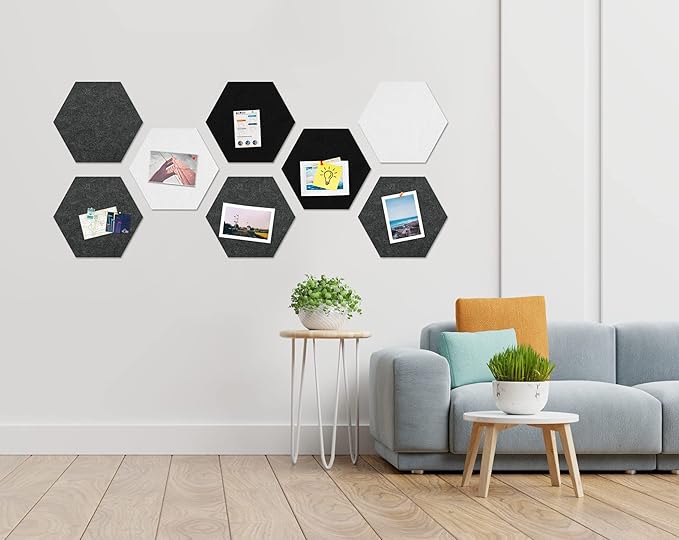 Uoisaiko 12" Large Bulletin Board with 30 Push Pins, Pack of 8 Hexagon Felt Pin Board Notice Boards for Home Office Kitchen, Felt Wall Tiles for Photos Memos