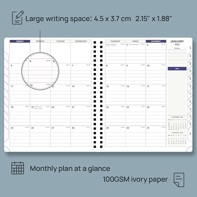 POPRUN 2026 Weekly Planner 30-Mintue (Medium 7'' x 8.5'') - From Jan 2026 to Dec 2026 - Two Pages Per Week Appointment Book with Monthly Tabs, Softcover, Inner Pocket, Pen Holder - Dark Green