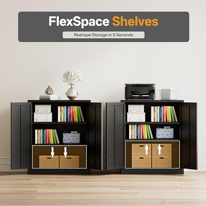 TaskStorz Metal Garage Storage Cabinets，Metal File Cabinet with 2 Adjustable Shelves, Lockable Storage Cabinets for Office, Home, Garage, Warehouse 36" H x 31.5" W x 15.7" D (Black)