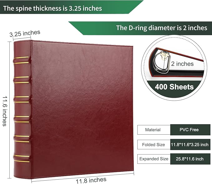 LETVPVOW Vintage Hardback 3 Ring Binder 2 Inch, Professional Leather Binder 3 Ring, Three Ring Binders Fits 8.5" x 11", D Ring Binders for Photo Album, Home, School and Office Supplies- Dark Red