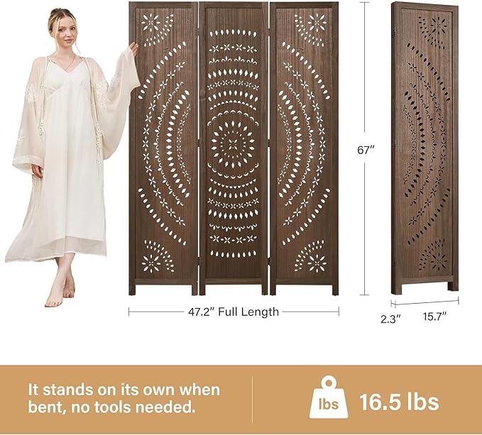 5.6 Ft Folding Room Divider, Portable Privacy Screen & Partition, No Assembly Required for Use as Cat Litter Box Cover, Clutter Hider, Room Separator, 3 Panels (Brown)