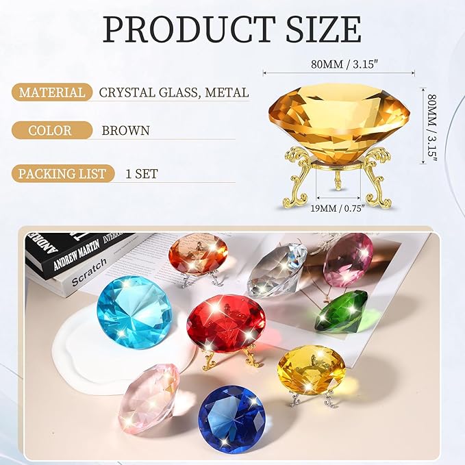PATIKIL Diamond Crystal Paperweight, 80mm / 3.15" Crystal Paperweight Paper Weight with Gold 19 Metal Base for Home Office Desktop Table Decor Wedding Party Ornaments, Brown