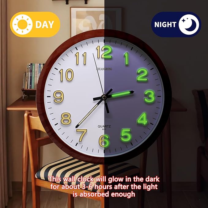 Oxmidud Glow in The Dark 3D Numerals Wall Clock，12 Inch Retro Silent Non-Ticking Battery Operated Easy to Read Vintage Analog Clocks for Living Room Kitchen Office Bedroom Decor