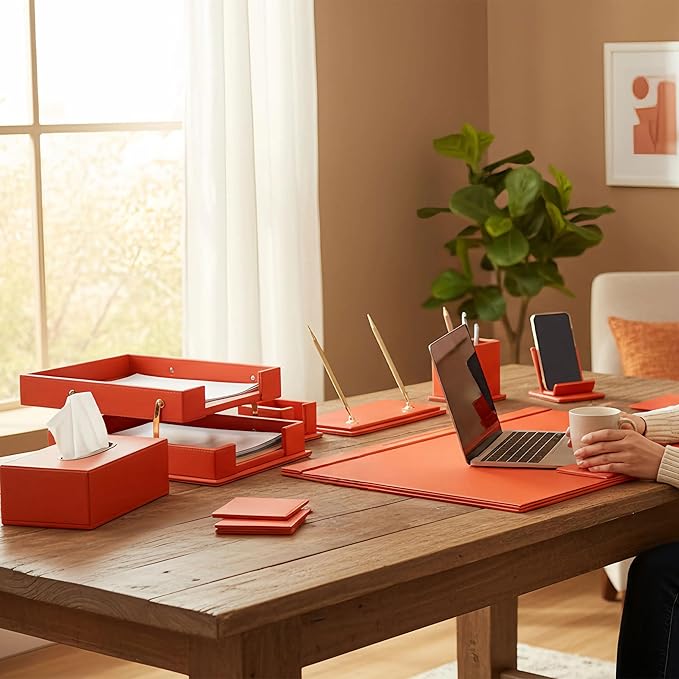 RitPin Luxury Executive Leather Desk Organizer Set – 11-Piece Office Desk Accessories with Desk Pad, Letter Tray, Phone Stand, Pen Holder & Coasters – Professional Office Desk Decor & Gift (Orange)