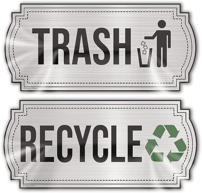 Recycle and Trash Stickers for Kitchen Trash Cans and Recycling Bins, Indoor Trash and Recycle Sticker Combo for Garbage Can Logo Symbol, 2 Silver Decals, 6.5" x 3" Elegant Style with Split-back