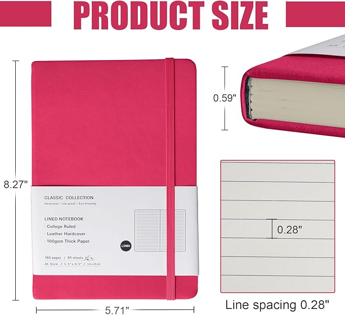 EMOMAS Lined Journal Notebook – Hardcover Notebook for Men & Women – Journals for Writing, Work, School, Home & Daily Notes, 160 Pages – Medium A5, 5.7"x8", 100 gsm Thick Paper (Rose Red)