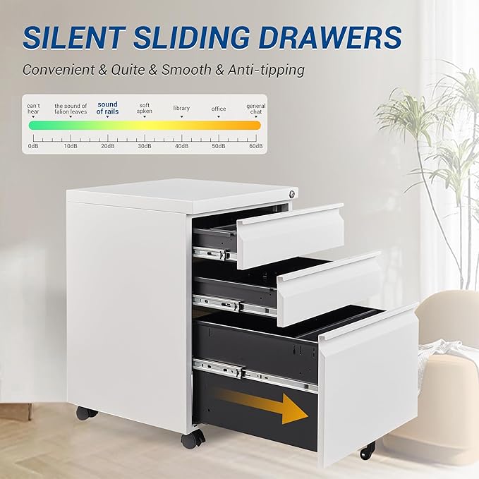 Fesbos 3 Drawer Vertical File Cabinet, Mobile Filling Cabinet with Lock for Legal/Letter Size, Pre-Built Office Storage File Cabinet with Wheels Under Desk - Fully Assembled