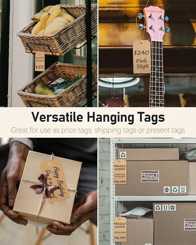 Uniclife 100 Pcs Blank Shipping Tags with Wire Attached 4.7 Inch Writable Brown Kraft Paper Hang Tags with Reinforced Eyelet Large Marking Price Tag Inventory Label Tag, 4.7" L x 2 3/8" W