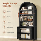 81" Tall Arched Cabinets,Bookcase with storage,Mid-Century Modern 6-Tier Bookshelf with Door,2 Book Risers and Adjustable Shelves offering more storage space for Living Room,Kitchen,Home Office,Black
