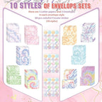 TaoBary 160 Pcs Stationery Paper Set 50 Double Sided Stationery Papers with 50 Matching Envelopes and 60 Round Dot Sticker, 10 Design(Tie Dye,5.5 x 8.25 Inch)
