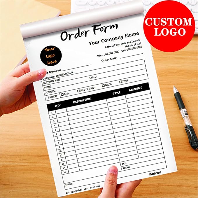 Custom Invoice Book in 3-Part /2-Part Receipt Book with Carbon Copies Personalized Carbonless Service Invoice Form Books Sales Order Book with Company Name Logo Address,B-Order Form Book