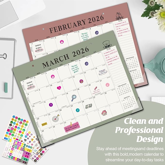 Gannyfer Desk Calendar 2026, Magnetic Calendar for Refrigerator, 18 Monthly Wall/Fridge/Desk Calendar 2026 with Hanging String, Magnetic Stripe, 3 Stickers, 2026 Calendar for Office, Home or School (14" x 11")