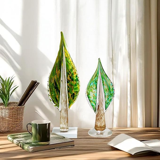 QFkris Blown Glass Tree of Life Leaf Sculpture for Home Decor, 16inch Hand Blown Glass Art Decorative Statue for Book Shelf Living Room Office Desk Home Decoration Accents Collectible Figurines