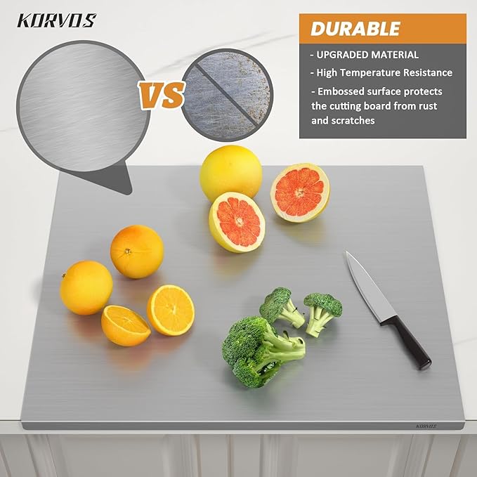 KORVOS 304 Stainless Steel Cutting Board, 23.6" x 19.6" Large Size Stainless Steel Cutting Boards for Kitchen, Heavy Duty Chopping Boards with Lip for Meat Vegetables & Bread, Pastry Board(60 x 50 cm)