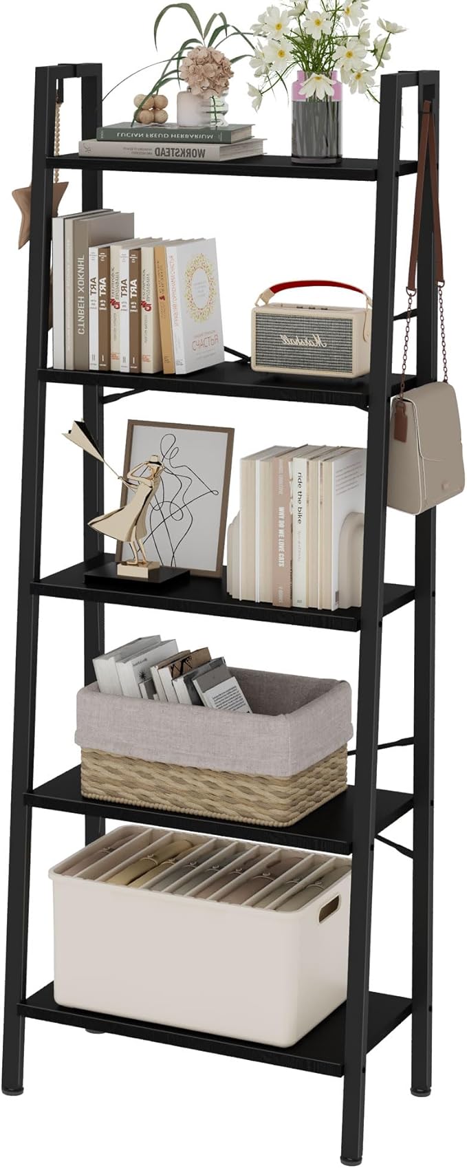 Hzuaneri Ladder Shelf, Bookshelf Bookcase, Freestanding Corner Storage Shelve with 2 Hooks for Home Office, Living Room, Kitchen, Bedroom, Industrial, 11.8" D x 23.6" W x 63" H, Black BC19304B