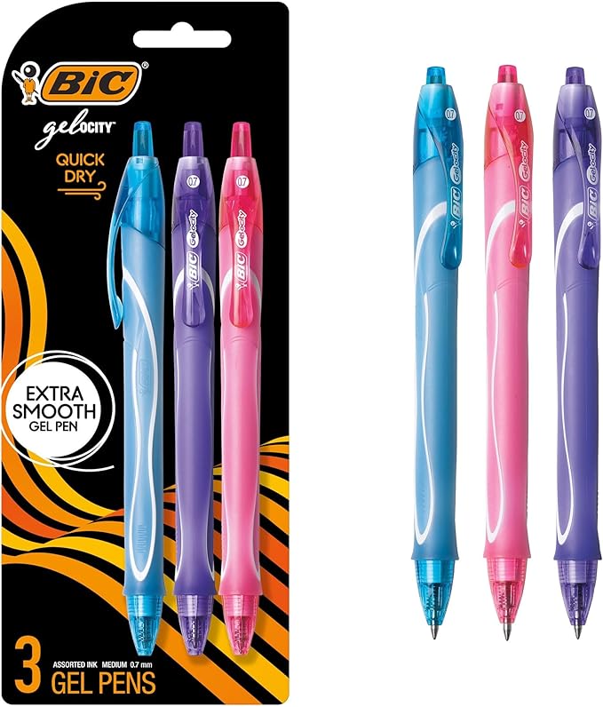 BIC Gelocity Quick Dry Assorted Colors Gel Pens, Medium Point (0.7mm), 3-Count Pack, Retractable Gel Pens With Comfortable Full Grip