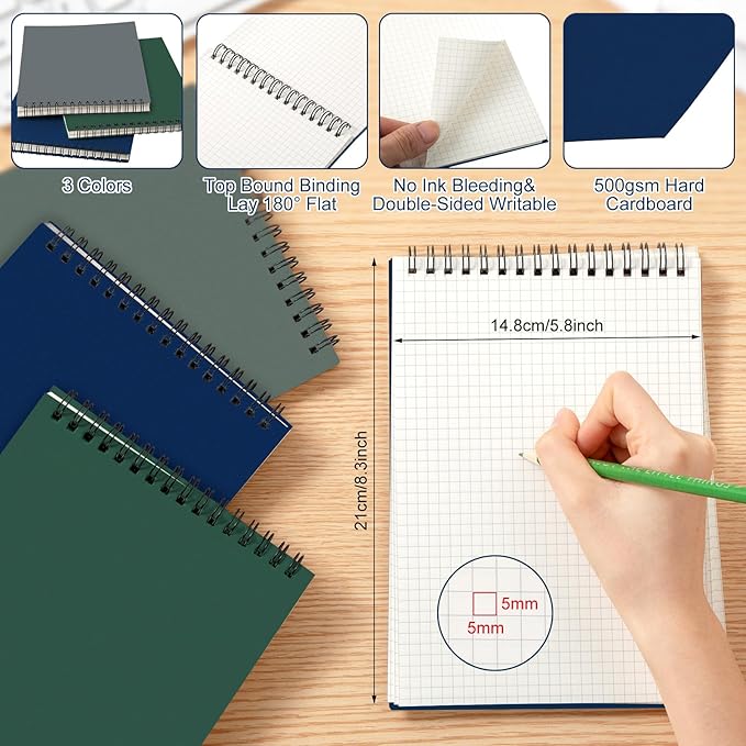 Engrowtic 3 Pack Graph Paper Spiral Notepad A5 Top Wirebound Notepad Grid Notebook Steno Pads Memo Notebook Grid Paper 140 Pages for Writing Sketching Drawing Office Supplies (Dark Color)
