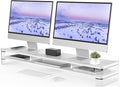 Fenge Acrylic Monitor Stand Riser, Clear Dual Acrylic Computer Monitor Stand for 2 Monitors, 2 Tier Wood Office Desk Storage Organizer for Laptop, Computer, TV Stand