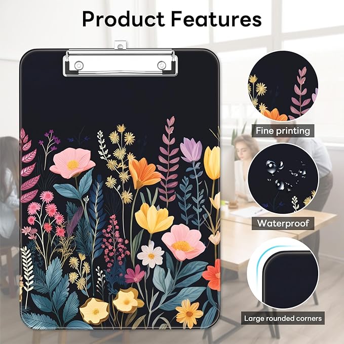 Luminzo Plastic Cute Clipboard Low-Profile Metal Clip, A4 Letter Size 9 x 12.5 in, 8.5 x 11 Paper Clip Board for Teachers, Nurses, Classroom,Black Flower