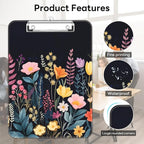 Luminzo Plastic Cute Clipboard Low-Profile Metal Clip, A4 Letter Size 9 x 12.5 in, 8.5 x 11 Paper Clip Board for Teachers, Nurses, Classroom,Black Flower