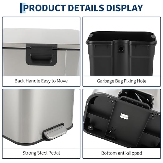 Takywep 3.2 Gallon Brushed Stainless Steel Trash Can with Soft-Close Lid, 3.2/5.3/8/13.2 Gallon Smudge-Resistant Compact Garbage Bin for Kitchen, Bathroom, Office - Black & White
