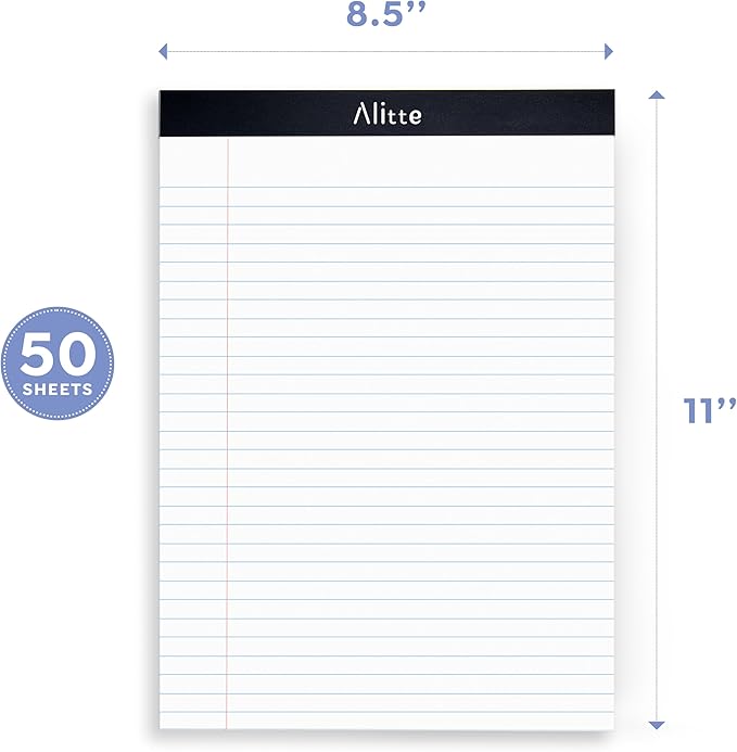Alitte Legal Notepads 8.5 x 11, Pack of 12 - Perforated Wide Ruled Writing Pad - Premium Thick Paper, No Ink Bleeding - Blank Legal Pads For Home, Office, School, Business - 50 Sheets Per Notebook