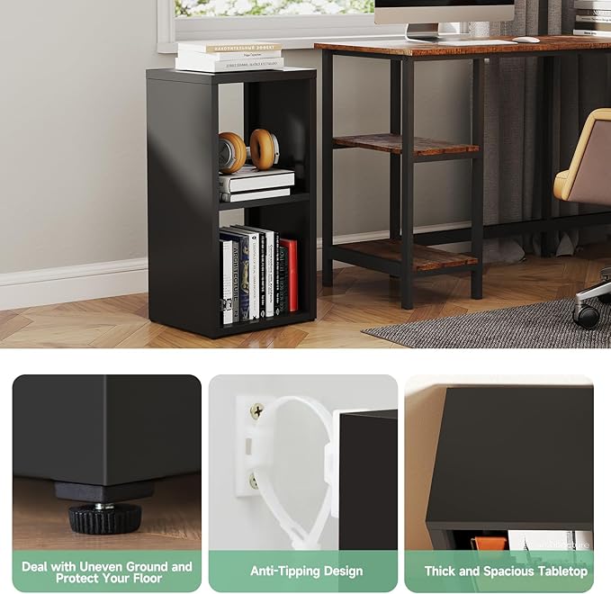 IRONMIX Metal 2 Cube Storage Organizer, Short Black Bookshelf with Storage Cabinet, Narrow Nightstands, Modern Cube Storage Shelf Slim Bedside Table for Small Places, Living Room, 15 min Assembly