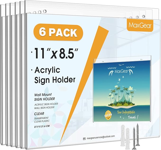 MaxGear Wall Mount Sign Holder 8.5 x 11 Inch, Clear Plastic Picture Frames with Mounting Screws, Door Sign Holders and Document Display Frame for Home, Office, Store, Landscape, 6 Pack