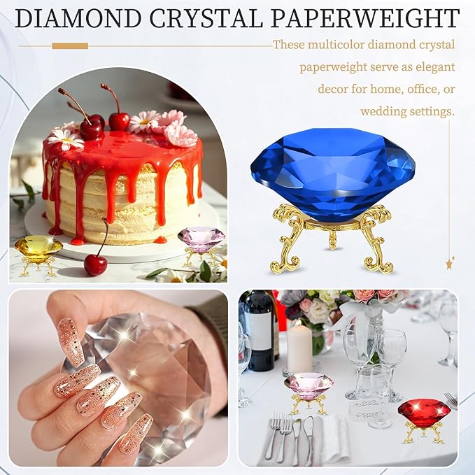 PATIKIL Diamond Crystal Paperweight, 100mm / 3.94" Crystal Paperweight Paper Weight with Gold 25 Metal Base for Home Office Desktop Table Decor Wedding Party Ornaments, Dark Blue