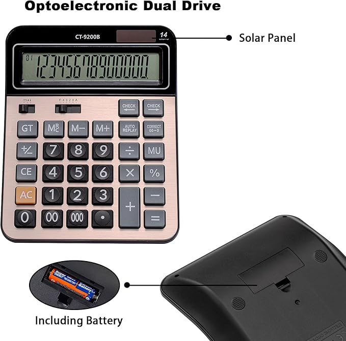 HIHUHEN Large Computer Electronic Calculator Counter Solar & Battery Power 14 Digit Display Multi-Functional Big Button for Business Office School Calculating (HY-9200B)