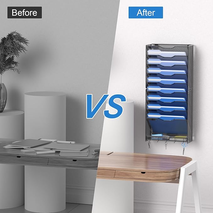OUTWOLF 10 Tier Hanging Wall File Organizer Wall Mount Paper Document Folder Holder with Hooks for Home Office Organization