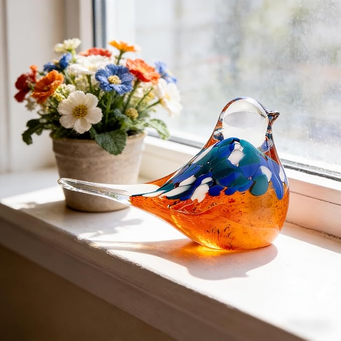 ORRFIDDY Blown Glass Birds - Glass Art Bird Decor, Hand Blown Glass Animal Figurines Paperweight for Home Shelf Decor
