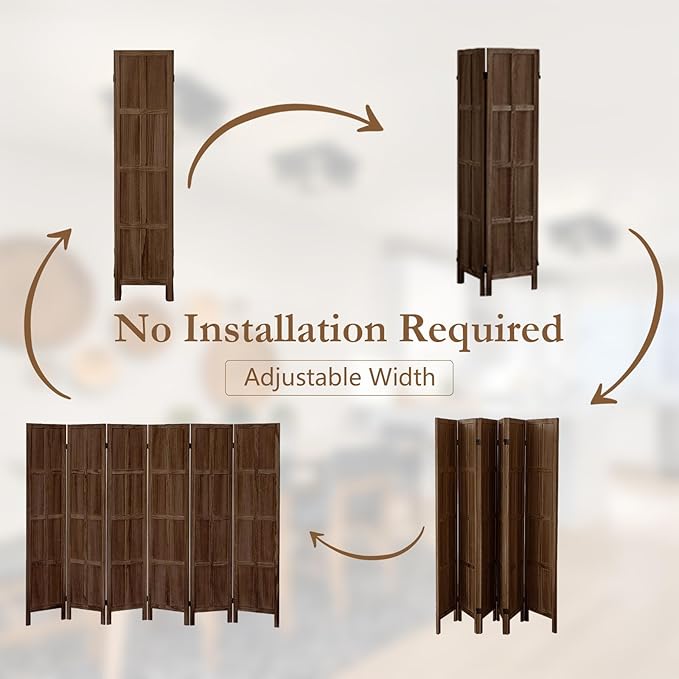 ALeesing 6 Panel Room Divider, 5.6Ft Wood Room Dividers and Folding Privacy Screens, Room Divider Wall Freestanding Room Partitions, Room Dividers Screen for Home Office Bedroom, Dark Brown